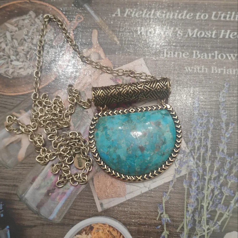 Kingman Turquoise and Bronze Half Moon Pendant with Necklace by Studio Barse - Picture 3 of 10